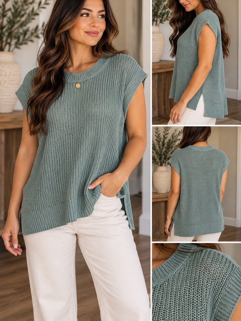 Zenana Open-Knit Cap Sleeve Sweater Top – Ash Jade 🩵